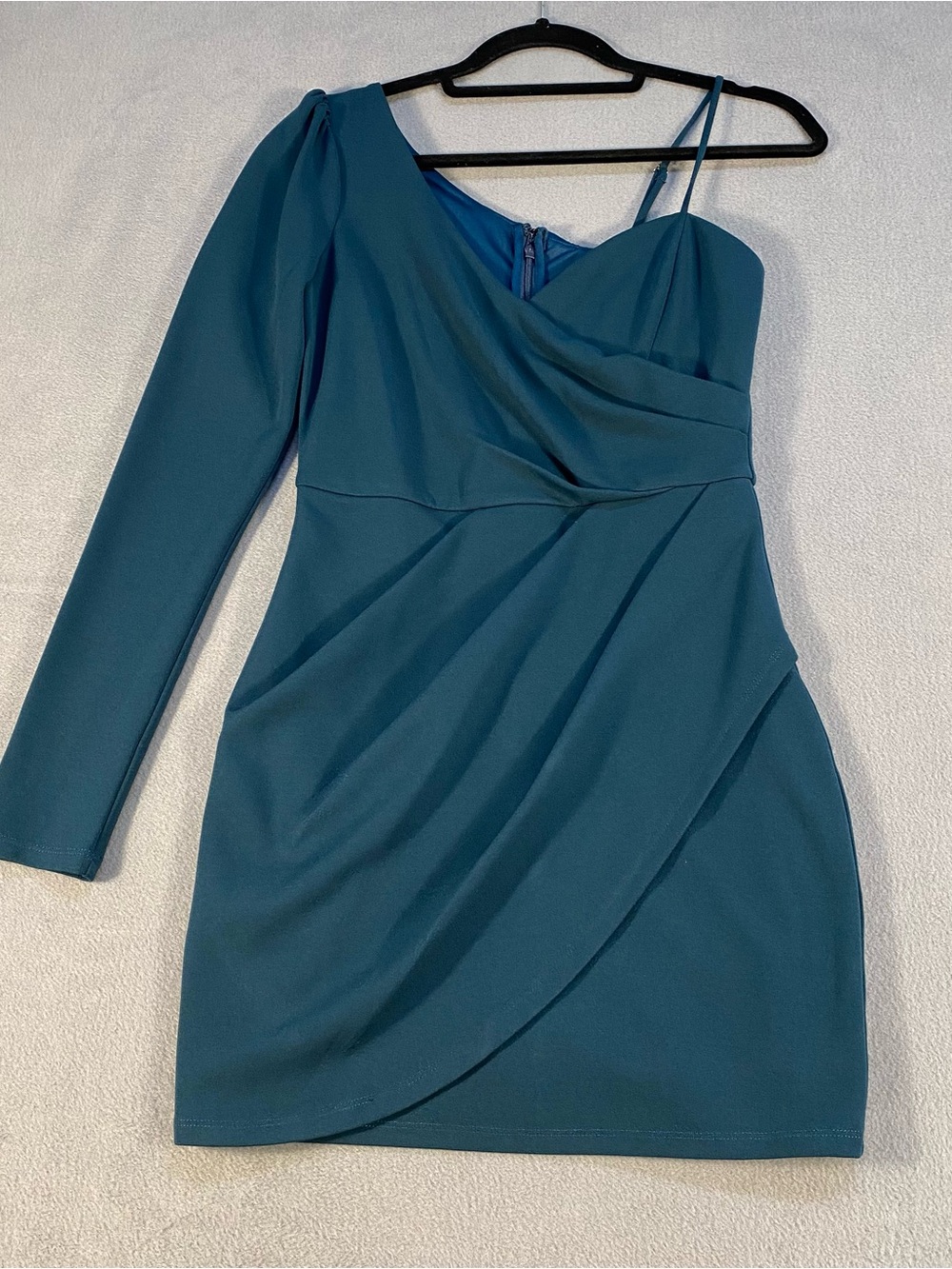 Lulus women’s Teal One-Shoulder Asymmetrical Faux-Wrap Draped Mini Dress, size S
